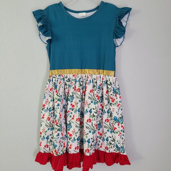Girls blue Flutter short Sleeve Dress with white Floral Skirt – Girls 8T-10T - Picture 8 of 9